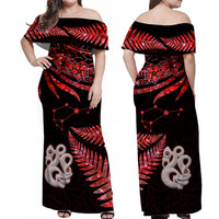 Matching Outfits For Couples Maori Couples Long Dress and Hawaiian Shirt Matariki Stars Manaia with Paua Shell - Red LT9 - Wonder Print Shop