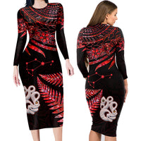 Couples Matching Hawaiian Outfits Matariki New Zealand Couples Bodycon Dress Hawaiian Shirt Manaia with Paua Shell - Red LT9 - Wonder Print Shop