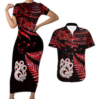 Matching Outfits For Couples Maori Short Sleeve Body Long Dress and Hawaiian Shirt Matariki Stars Manaia with Paua Shell - Red LT9 - Wonder Print Shop