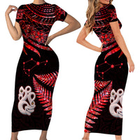 Matching Outfits For Couples Maori Short Sleeve Body Long Dress and Hawaiian Shirt Matariki Stars Manaia with Paua Shell - Red LT9 - Wonder Print Shop