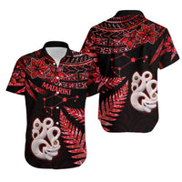 Matching Outfits For Couples Maori Short Sleeve Body Long Dress and Hawaiian Shirt Matariki Stars Manaia with Paua Shell - Red LT9 - Wonder Print Shop