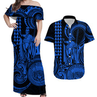 Hawaii Couple Outfit Ideas King Kamehameha Day Couples Long Dress and Hawaiian Shirt Paradise of the Pacific Tribal Kakau with Kanaka Maoli - Blue LT9 - Wonder Print Shop