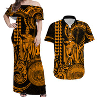 Hawaii Couple Outfit Ideas King Kamehameha Day Couples Long Dress and Hawaiian Shirt Paradise of the Pacific Tribal Kakau with Kanaka Maoli - Gold LT9 - Wonder Print Shop
