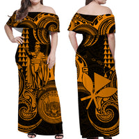 Hawaii Couple Outfit Ideas King Kamehameha Day Couples Long Dress and Hawaiian Shirt Paradise of the Pacific Tribal Kakau with Kanaka Maoli - Gold LT9 - Wonder Print Shop