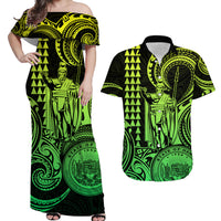 Hawaii Couple Outfit Ideas King Kamehameha Day Couples Long Dress and Hawaiian Shirt Paradise of the Pacific Tribal Kakau with Kanaka Maoli - Lime LT9 - Wonder Print Shop