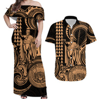 Hawaii Couple Outfit Ideas King Kamehameha Day Couples Long Dress and Hawaiian Shirt Paradise of the Pacific Tribal Kakau with Kanaka Maoli - Nude LT9 - Wonder Print Shop