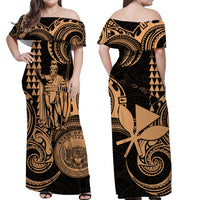 Hawaii Couple Outfit Ideas King Kamehameha Day Couples Long Dress and Hawaiian Shirt Paradise of the Pacific Tribal Kakau with Kanaka Maoli - Nude LT9 - Wonder Print Shop
