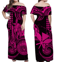 Hawaii Couple Outfit Ideas King Kamehameha Day Couples Long Dress and Hawaiian Shirt Paradise of the Pacific Tribal Kakau with Kanaka Maoli - Pink LT9 - Wonder Print Shop