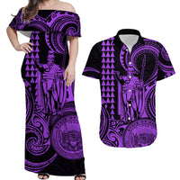 Hawaii Couple Outfit Ideas King Kamehameha Day Couples Long Dress and Hawaiian Shirt Paradise of the Pacific Tribal Kakau with Kanaka Maoli - Purple LT9 - Wonder Print Shop