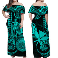 Hawaii Couple Outfit Ideas King Kamehameha Day Couples Long Dress and Hawaiian Shirt Paradise of the Pacific Tribal Kakau with Kanaka Maoli - Turquoise LT9 - Wonder Print Shop
