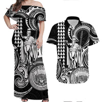 Hawaii Couple Outfit Ideas King Kamehameha Day Couples Long Dress and Hawaiian Shirt Paradise of the Pacific Tribal Kakau with Kanaka Maoli - White LT9 - Wonder Print Shop