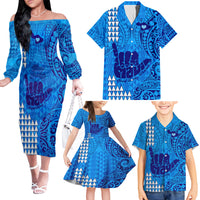 Strong Maui Family Matching Off Shoulder Long Sleeve Dress and Hawaiian Shirt Good Living Hawaii with Shaka Sign Kakau Tribal Blue - Wonder Print Shop