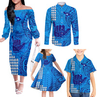 Strong Maui Family Matching Off Shoulder Long Sleeve Dress and Hawaiian Shirt Good Living Hawaii with Shaka Sign Kakau Tribal Blue - Wonder Print Shop