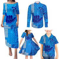 Strong Maui Family Matching Puletasi Dress and Hawaiian Shirt Good Living Hawaii with Shaka Sign Kakau Tribal Blue - Wonder Print Shop