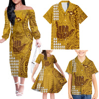 Strong Maui Family Matching Off Shoulder Long Sleeve Dress and Hawaiian Shirt Good Living Hawaii with Shaka Sign Kakau Tribal Gold - Wonder Print Shop