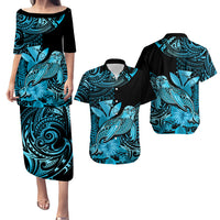 Matching Outfit For Couples Hawaii Monk Seal Puletasi Dress and Hawaiian Shirt Polynesian Kakau With Kanaka Turquoise - Wonder Print Shop