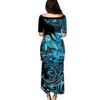 Matching Outfit For Couples Hawaii Monk Seal Puletasi Dress and Hawaiian Shirt Polynesian Kakau With Kanaka Turquoise - Wonder Print Shop