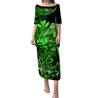Matching Outfit For Couples Hawaii Monk Seal Puletasi Dress and Hawaiian Shirt Polynesian Kakau With Kanaka Green - Wonder Print Shop