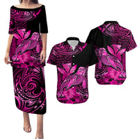 Matching Outfit For Couples Hawaii Monk Seal Puletasi Dress and Hawaiian Shirt Polynesian Kakau With Kanaka Pink - Wonder Print Shop