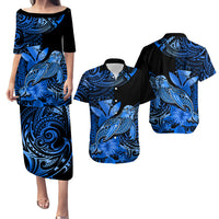 Matching Outfit For Couples Hawaii Monk Seal Puletasi Dress and Hawaiian Shirt Polynesian Kakau With Kanaka Blue - Wonder Print Shop