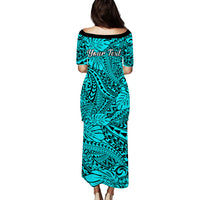 Personalised Hawaii Matching Couple Outfits For Vacation Puletasi Dress and Hawaiian Shirt Turquoise Polynesian Tribal Art - Wonder Print Shop