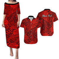 Personalised Hawaii Matching Couple Outfits For Vacation Puletasi Dress and Hawaiian Shirt Red Polynesian Tribal Art - Wonder Print Shop