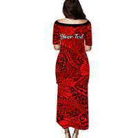 Personalised Hawaii Matching Couple Outfits For Vacation Puletasi Dress and Hawaiian Shirt Red Polynesian Tribal Art - Wonder Print Shop