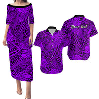 Personalised Hawaii Matching Couple Outfits For Vacation Puletasi Dress and Hawaiian Shirt Purple Polynesian Tribal Art - Wonder Print Shop