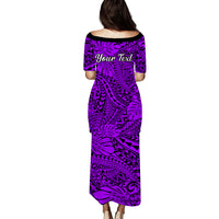 Personalised Hawaii Matching Couple Outfits For Vacation Puletasi Dress and Hawaiian Shirt Purple Polynesian Tribal Art - Wonder Print Shop