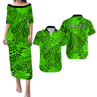 Personalised Hawaii Matching Couple Outfits For Vacation Puletasi Dress and Hawaiian Shirt Green Polynesian Tribal Art - Wonder Print Shop