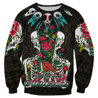 Unisex black crewneck sweatshirt with Day of the Dead skull, floral art and red script