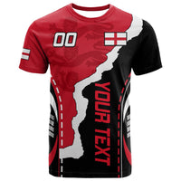 Red, black and white football T-shirt with England map, flag patch, and '00' print