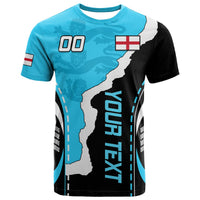 Blue and black football T-shirt with England map, flag patch, and blue lettering