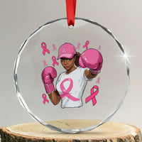 African American Fighter Breast Cancer Awareness Crystal Glass Ornament Pink Ribbon TS11