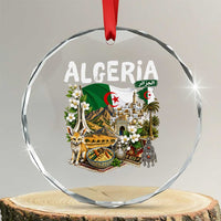 Algeria Algerian Culture and Landmarks Collage Graphic Crystal Glass Ornament Proud Fennec Fox Heritage and Arabic Calligraphy