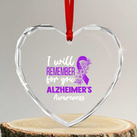 Alzheimers Caregiver Support Purple Ribbon Heart Crystal Glass Ornament I Will Remember For You