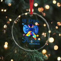 Autism Awareness Crystal Glass Ornament In April We Wear Blue Puzzle Ribbon Coquette Bow TS02