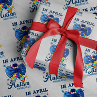 Autism Awareness Wrapping Paper Roll In April We Wear Blue Puzzle Ribbon Coquette Bow - Wonder Print Shop
