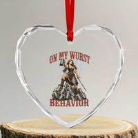 Bavarian Warrior Woman Drinking Beer Oktoberfest Graphic Heart Crystal Glass Ornament On My Wurst Behavior