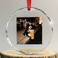 Bernedoodle Dog Drinking Iced Coffee Crystal Glass Ornament Funny Coffee Lover Gift for Dog Moms Dads
