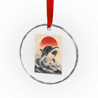 Black Cat Hunting Shark Ukiyo e Ocean Art Crystal Glass Ornament Funny Japanese Style Graphic