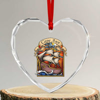 Cape Ann Vintage Nautical Sailing Ship Graphic Heart Crystal Glass Ornament Retro Stained Glass Window Style Ocean Sunset Tall Ship