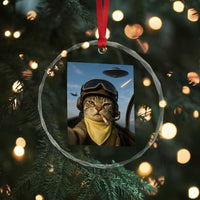 Cat Selfie With Alien UFO Crystal Glass Ornament Retro Space Sci-Fi Cat Pilot - Wonder Print Shop