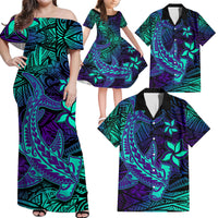 Purple Polynesian Family Matching Outfits Off Shoulder Maxi Dress And Hawaiian Shirt Tribal Hammerhead Shark - Wonder Print Shop