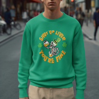 Green crewneck sweatshirt with skeleton holding beer and “Shut up liver” slogan print