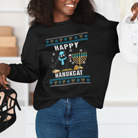 Hanukkah Cat Sweatshirt Happy Hanukcat Jewish Hanukkah Black Cat Menorah Chanukah - Wonder Print Shop