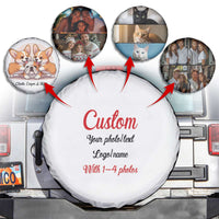 Personalized photo collage on a spare tire cover with various images of people and animals