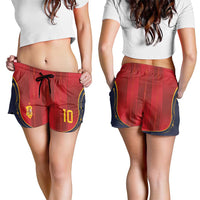 Custom Spain La Roja Football Shorts for Women Gothic Typography Royal Crest Pinstripe