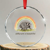 Cute Viral Raccoon Positive Quote Crystal Glass Ornament Different Is Beautiful Pastel Rainbow Graphic