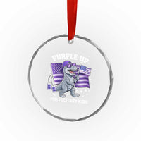 Dinosaur Military Kids Crystal Glass Ornament Purple Up For Military Child Month Patriotic USA Flag